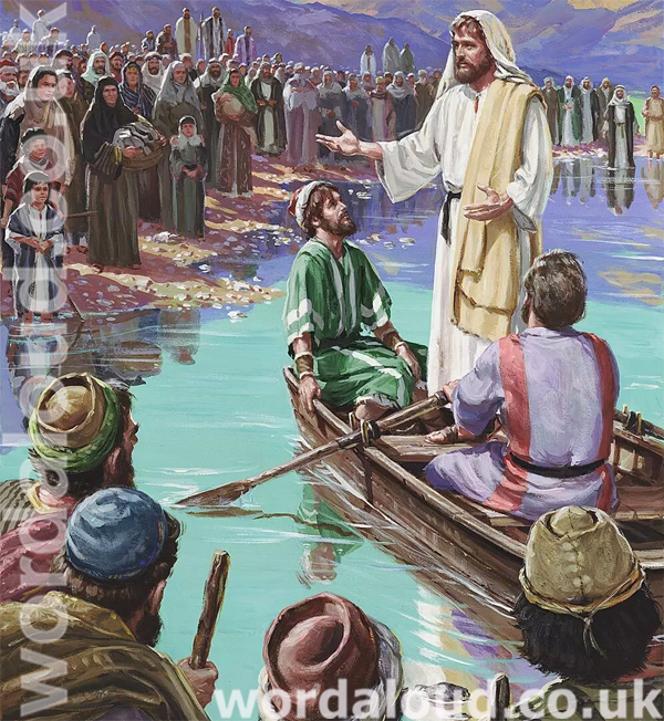 Jesus Preaches On A Boat To The Multitude