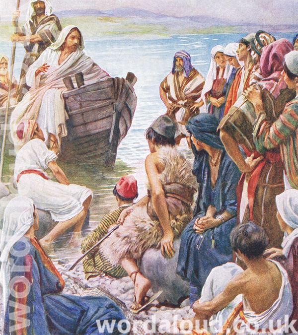 Jesus Preaches From A Fishing Boat To People On The Shore
